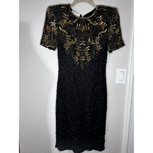 Elegant Black Dress with Gold Embellishment - Women's Evening Dress